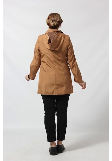 1616 Fermuarlı Cep Detaylı Kapuşonlu Bondit Ceket Camel