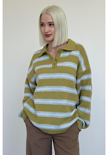 Yeşil Polo Yaka Çizgili Kadın Triko Kazak Mg2469 Yeşil