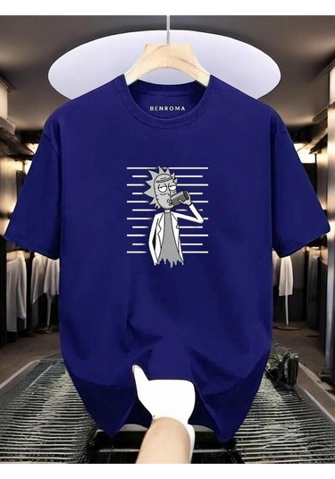 Adam Baskılı Oversize Siyah T-shirt Saks Mavisi