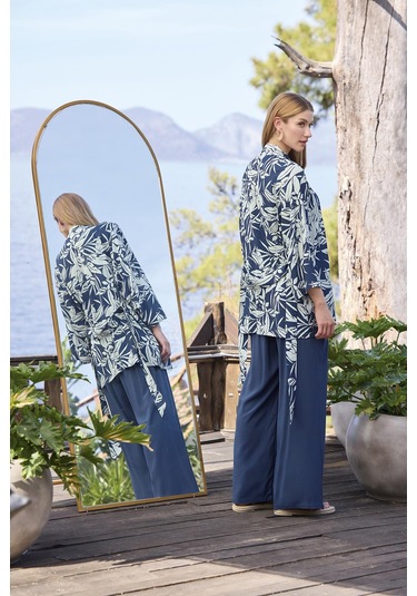 Monamise Kadın Yaprak Desenli Dekolteli V Yaka 3'lü Alt Üst Takım 25012 Lacivert