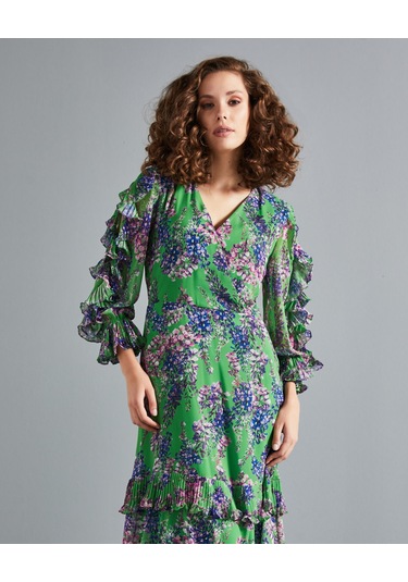 Çiçek Desenli Kadın Elbise - Katlı Etek Detaylı - Fırfırlı Kol - V Yaka - Modern Ve Şık Tasarım - Günlük Ve Özel Gün İçin Elbise Yeşil