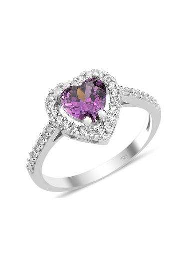 Gümüş Rodyumlu Ametis Taşlı Pırlanta Montürlü Kalp Modeli Yüzük