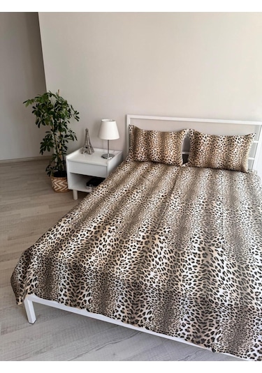 Üntaş Leopar Lastiksiz Çift Kişilik Çarşaf + Yastık Kılıfı Kahverengi 2 Adet Kahverengi