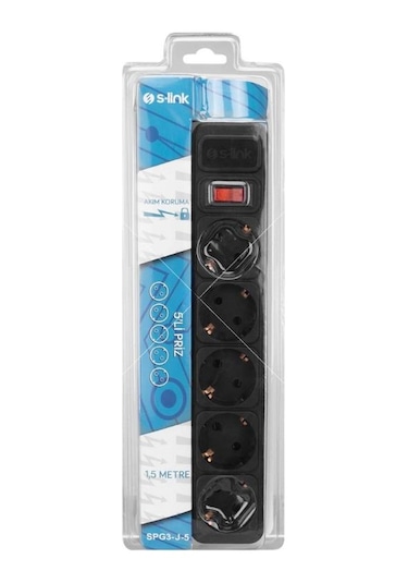 S-link Akım Korumalı Priz 5'li, 1,5 Metre, Siyah - Spg3-j-5 1.5 M