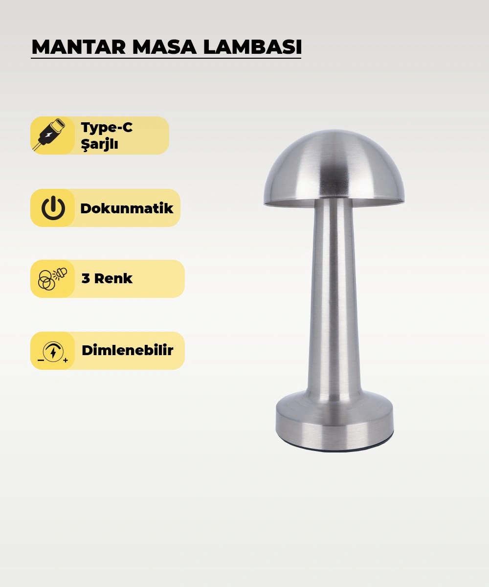 Krom Mantar Masa Lambası - Dokunmatik - 3 Renk Işık Krom