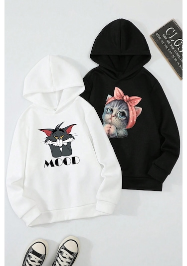 2'li Paket Baskılı Erkek - Kız Çocuk Rahat Kalıp Sweatshirt Siyah