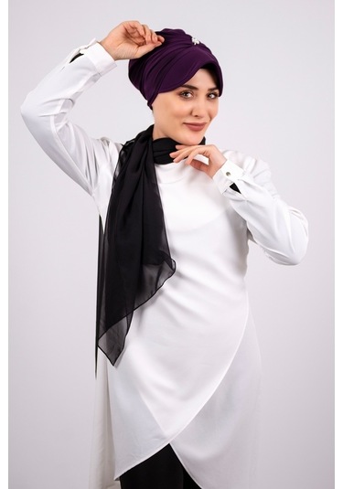 Mürdüm Pratik Hazır Geçmeli Tesettür Bone Viskon Kumaş Şapkalı Ak Mürdüm