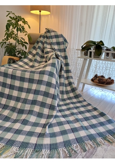 Skoç Battaniye Tek Kişilik Petek Dokulu Yeşil-beyaz Battaniye