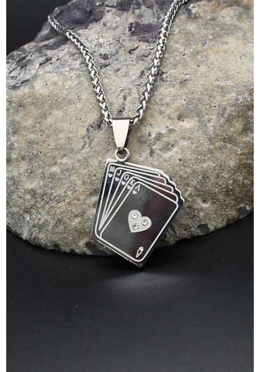 Iskambil Oyun Kağıdı Motifli Kolye Paslanmaz Çelik Zincir 902299 Gümüş