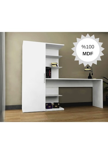 Mdf Narin Raflı Dolaplı Çalışma Masası Beyaz Dolap Solda 1 Beyaz