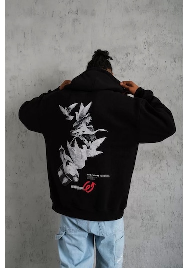 Erkek Şapkalı Güvercin Baskılı Kapşonlu Sweat - Siyah Siyah