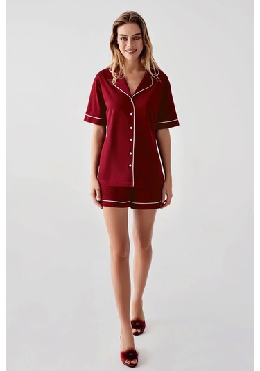 Freshness 324 Kadın 4'lü Sabahlıklı Şorlu Pijama Takımı Bordo
