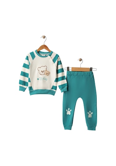Celira Wwc Yeşil Ayıcık Nakışlı Çizgili Erkek Bebek Takım Yeşil