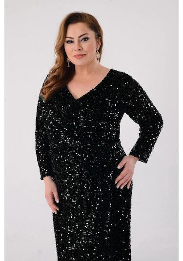Lilas Xxl Kadın Büyük Beden Pul Payetli V Yaka Uzun Abiye Elbise 2479 Siyah Siyah