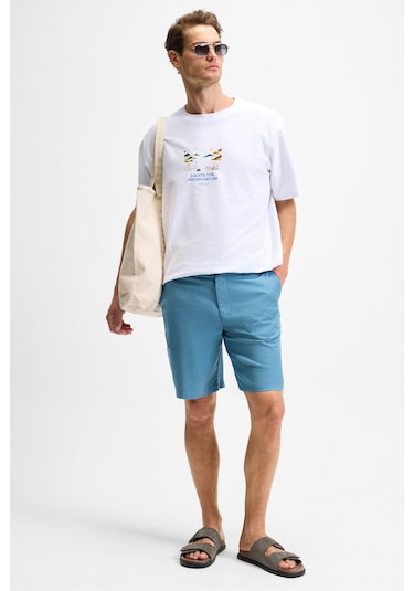 Grimelange TEEMO Erkek Yanları Cepli Fermuarlı Likralı Slim Fit İndigo Şort