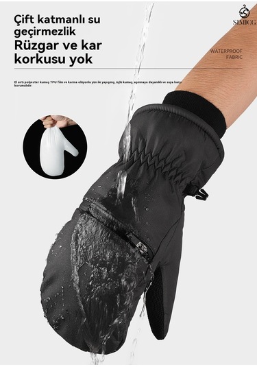 Kalınlaştırılmış Kışlık Su Geçirmez Snowboard Eldivenleri Siyah