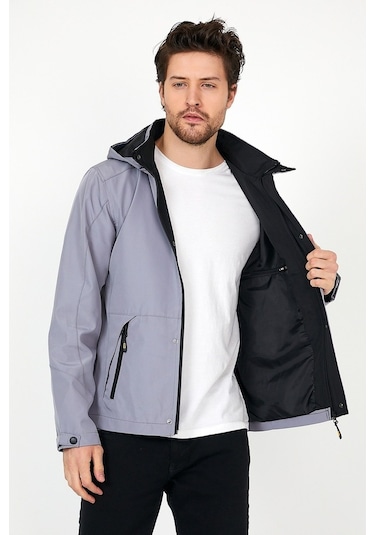Sivaist Yeni Sezon Erkek Gri Softshell Kapüşonlu Iç Cepli Mont