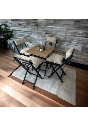 Modern Style Home Minderli Balkon Bahçe Mutfak Bistro Set Katlanır 4+1 Masa-sandalye Krem