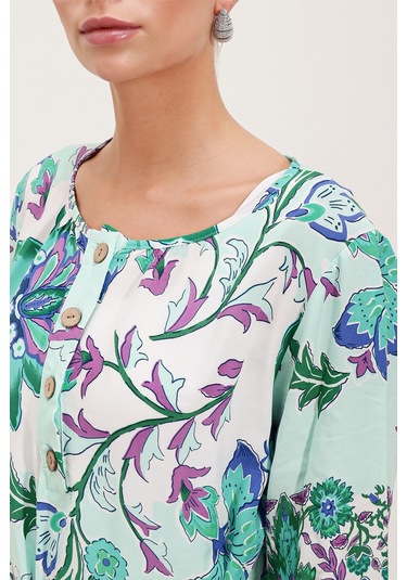 5902 Kemerli Desenli Elbise - Yeşil 001