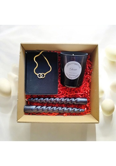 Denic Hediye Seti Kokulu Siyah Bardak Mum Halka Kolye Burgulu Mum