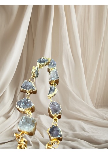 Altın Varak Kaplama El Yapımı Tasarım Doğal Taş Ametist Bileklik / Bilezik Altın - Gümüş