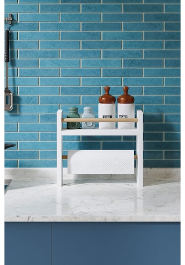 Rulo Havlu Takılabilir Baharatlık Standı Tezgah Üstü Düzenleyici Ahşap Raf - Beyaz