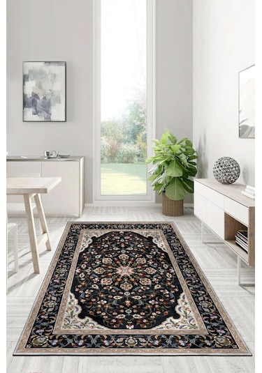 Zeminde Bir Saray Medalyonlu Ve Çiçekli Halı Tasarımı - Kaymaz Taban Siyah - Bej