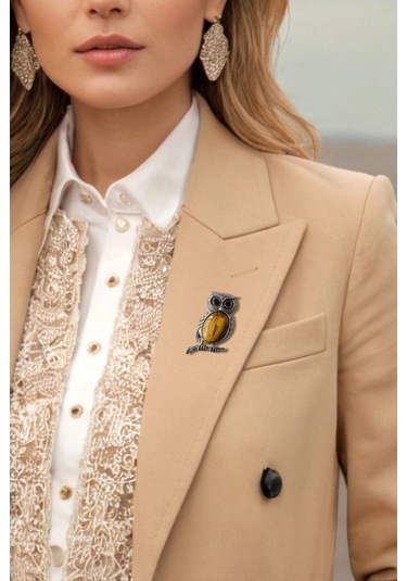 Baykuş Motifi Kaplangözü Broş Br10-7 Açık Kahverengi