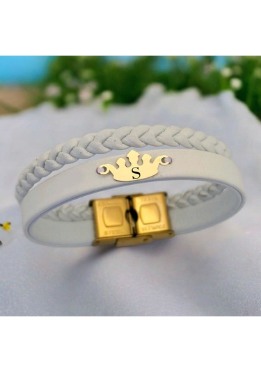 Archin S Harfine Özel Hakiki Beyaz Derili Taç Motifli 14 Ayar Altın Plakalı Hediye Bileklik-645harf S