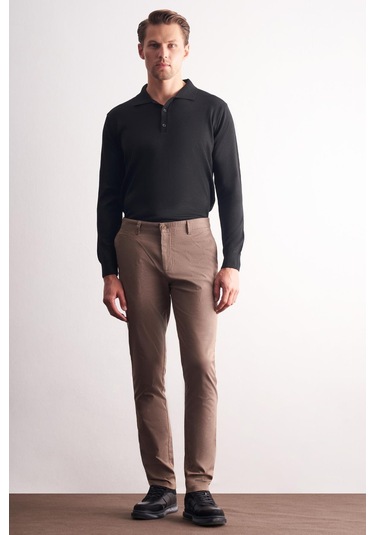 Kahverengi Yan Cep Düz Paça Pamuklu Slim Fit Chino Casual Pantolon 1003255164 Kahverengi