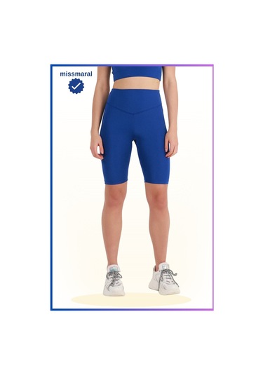 Kadın Yüksek Bel Toparlayıcı Kısa Spor Tayt Biker Şort Basics Casual & Comfort Saks Mavi 1070 Sax Mavi