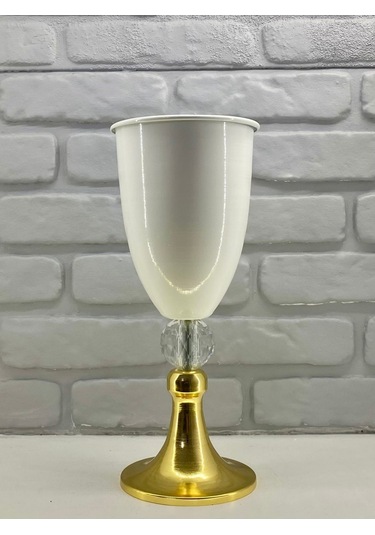 Modern Dekoratif Gold Yüksek Ayaklı Kristal Taşlı Beyaz Vazo Altın - Beyaz