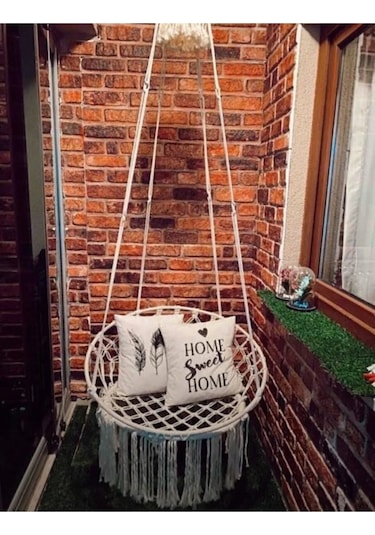 Makrome Özel Örgü Salıncak Hamak Pamuk İp 60 X 80 Turkuaz Yastık Ekru