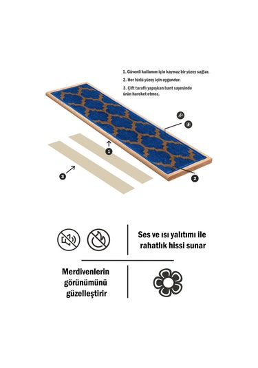 Dikdörtgen Dokuma Merdiven Halısı Kendinden Yapışkanlı Mavi Kahve