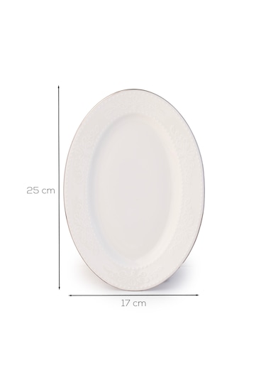 Porsima 4458 Burçak Porselen Platin Fileli Kayık Tabak Seti - Oval Kahvaltılık Sunumluk Seti 25cm Beyaz