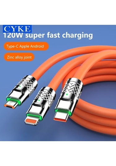 Beemen 120 W Destekli Led'li Çelik Sıvı Silikon 3 İn1 Şarj Kablosu Turuncu