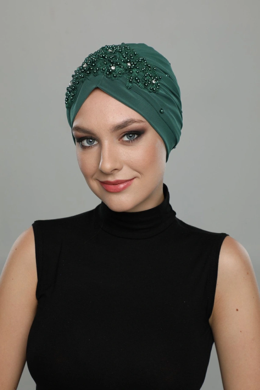Kopma Astarlı Işlemeli Yeşil Dantel Motifli Hazır Türban Tesettür Abiye Bone Yeşil Dantel