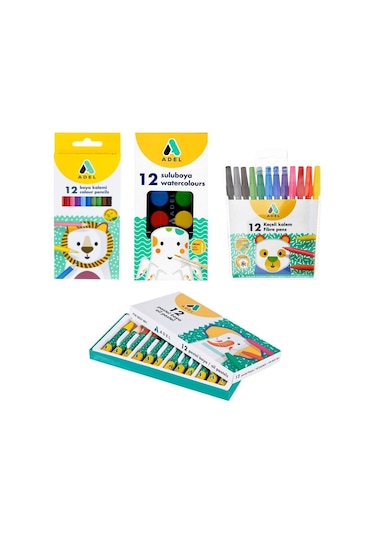 Adel 4'lü Boya Seti - 12'li Kuru, Keçeli, Sulu ve Pastel Boya