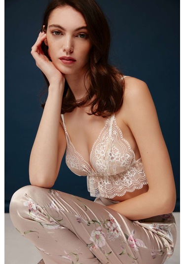 Bonnie&Clyde - Kadın Baskılı Saten 3 lü Takımı -5243 Pudra