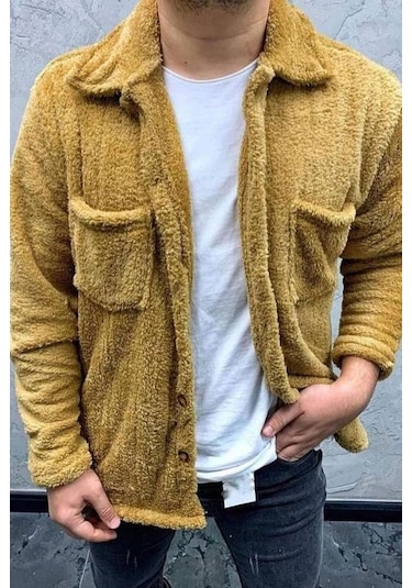 Unisex Camel Düğme Detaylı Cepli Peluş Ceket Camel