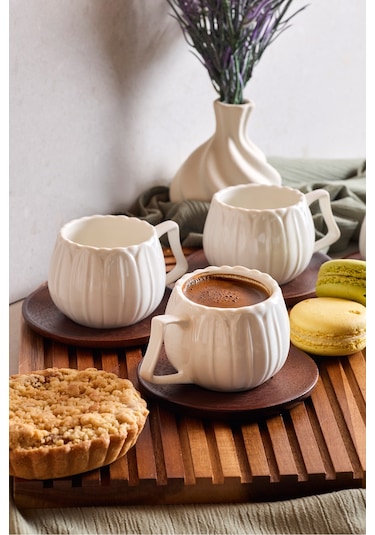 Dark Balkabağı 6'lı Akasya Tabaklı Modern Porselen Kahve Fincanı Seti Beyaz Beyaz