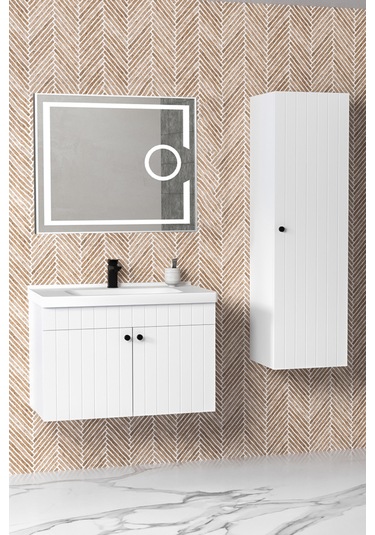 Avien 80 Cm Banyo Dolabı Kiev Led Aynalı Beyaz - Boy Dolap Dahil Beyaz