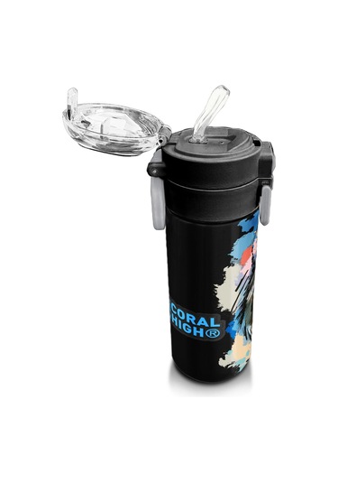 Coral High Kids Gri Siyah Kurt Desenli Pipetli Ve Direkt İçim Çelik Termos 500 Ml 31832 Gri