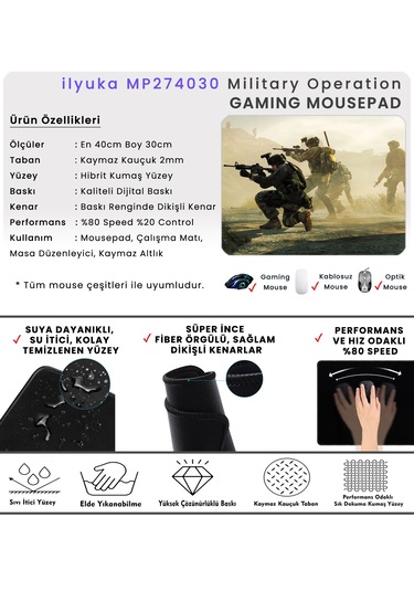İlyuka 40x30cm Gaming Oyuncu Mousepad Military Operation Mp274030