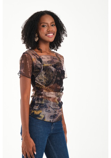 Kare Yaka Tül Bluz Yeşil