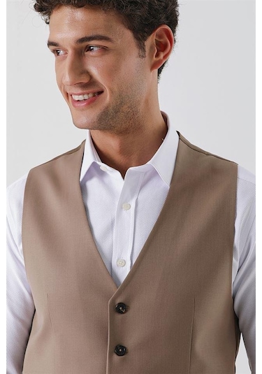 Koyu Bej V Yaka Klasik Yelek 1009230104-Koyu Bej