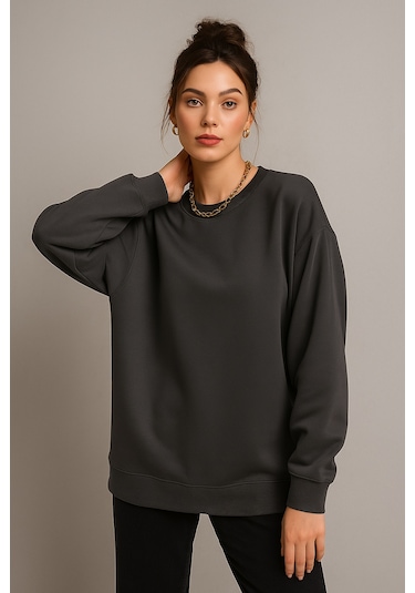 Kadın Füme Bisiklet Yaka Oversize Sweatshirt Füme