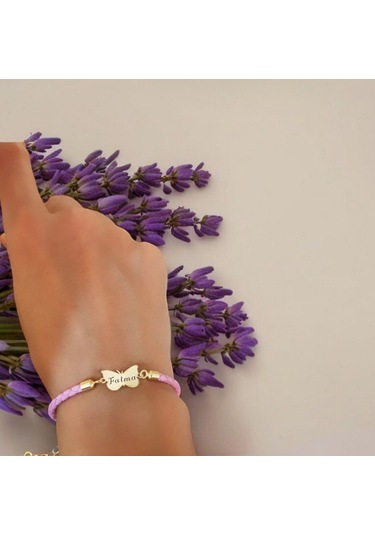 Archin Fatma İsmine Özel Doğal Pembe Derili Kelebek Motifli 14 Ayar Altın Plakalı Hediye Bileklik-429isim Fatma