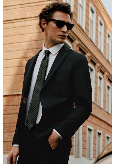 Erkek Sıyah Slim Fit Dar Kesim Mono Yaka Takım Elbise Siyah