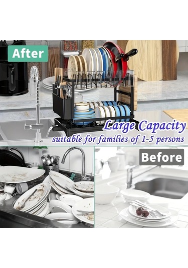 Honeybeeshop Siyah 2 Katlı Karbon Çelik Bulaşık Rafı Süzgeç Mutfak Eşyaları Tutucu Ve Bardak Askılı Siyah